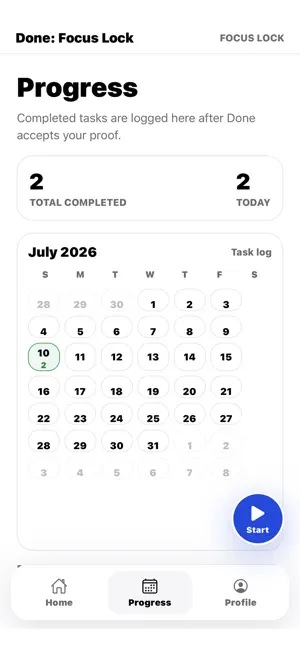 Done Progress screen showing completed tasks in a calendar