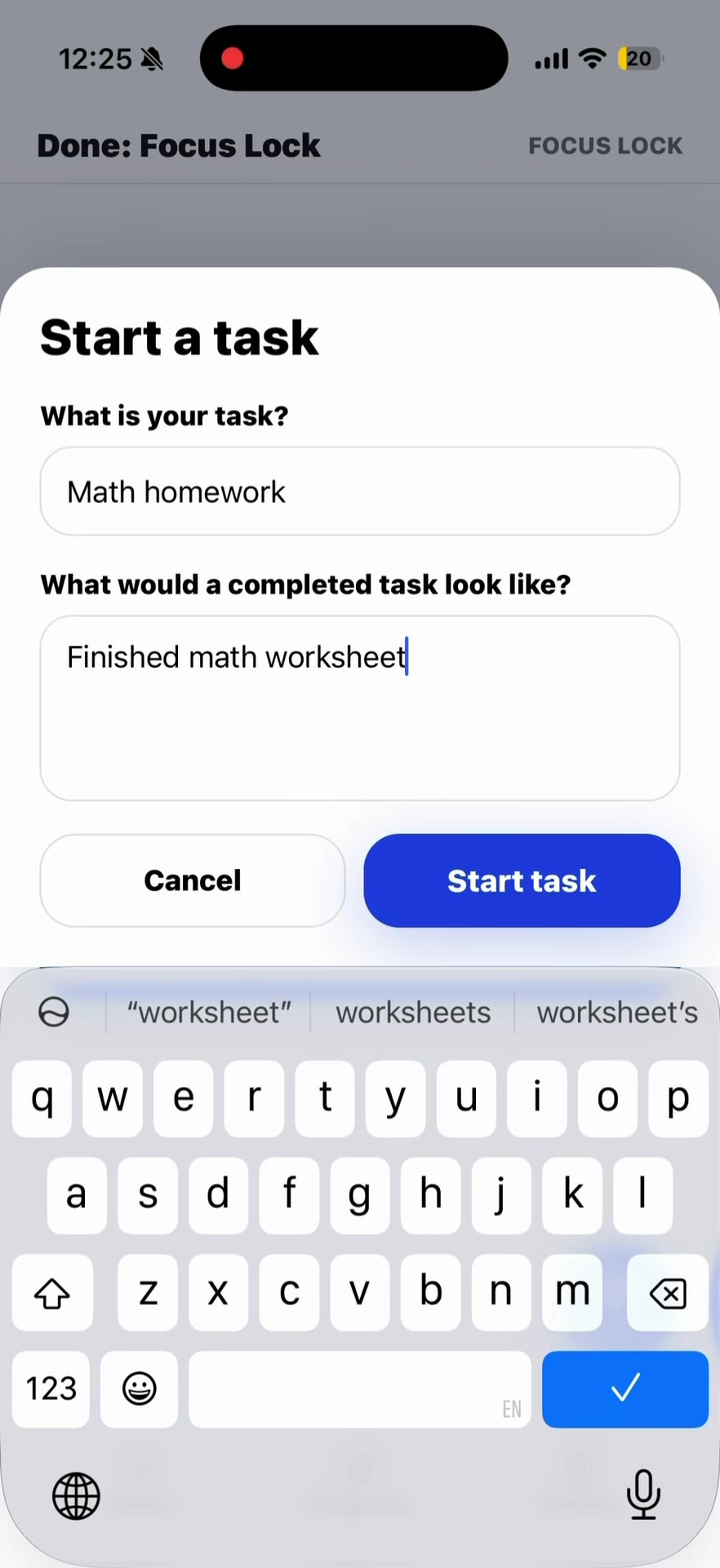 Done task setup screen for naming a focus task